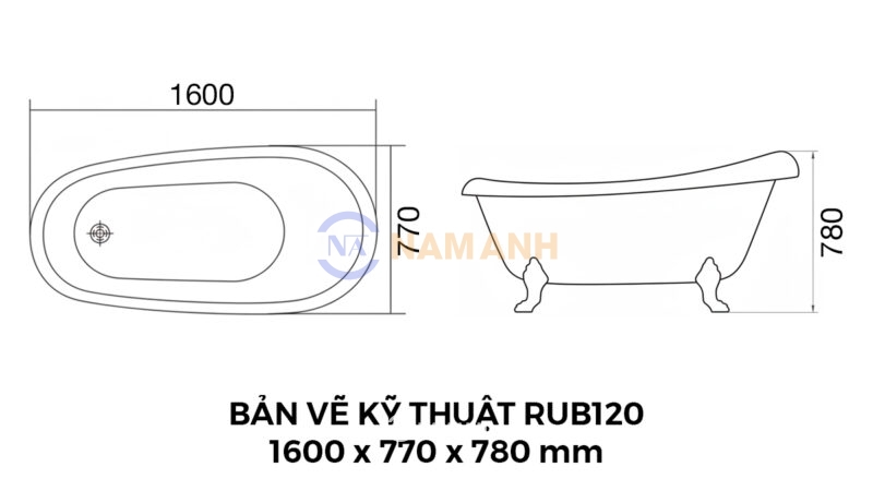 Bản Vẽ Kỹ Thuật Bồn Tắm Chân Rồng Đặt Sàn Acrylic Rudi RUB120 1600x770x780 mm
