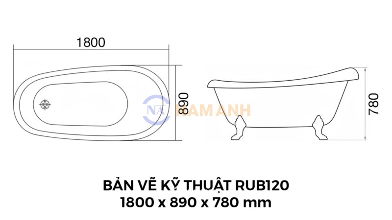 Bản Vẽ Kỹ Thuật Bồn Tắm Chân Rồng Đặt Sàn Acrylic Rudi RUB120 1800x890x780 mm