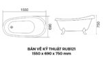Bản Vẽ Kỹ Thuật Bồn Tắm Chân Rồng Đặt Sàn Acrylic Rudi RUB121 1550x690 mm
