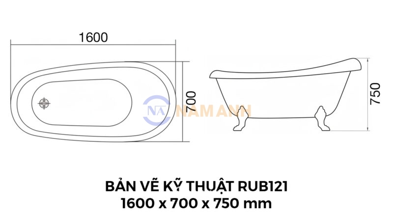 Bản Vẽ Kỹ Thuật Bồn Tắm Chân Rồng Đặt Sàn Acrylic Rudi RUB121 1600x700 mm