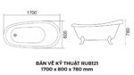 Bản Vẽ Kỹ Thuật Bồn Tắm Chân Rồng Đặt Sàn Acrylic Rudi RUB121 1700x800 mm