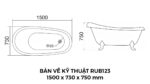 Bản Vẽ Kỹ Thuật Bồn Tắm Chân Rồng Đặt Sàn Acrylic Rudi RUB123 1500x730x750 mm