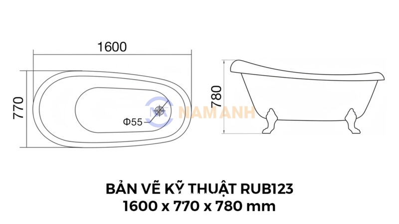 Bản Vẽ Kỹ Thuật Bồn Tắm Chân Rồng Đặt Sàn Acrylic Rudi RUB123 1600x770x780 mm