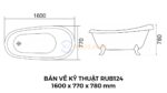 Bản Vẽ Kỹ Thuật Bồn Tắm Chân Rồng Đặt Sàn Acrylic Rudi RUB124 1600x770 mm