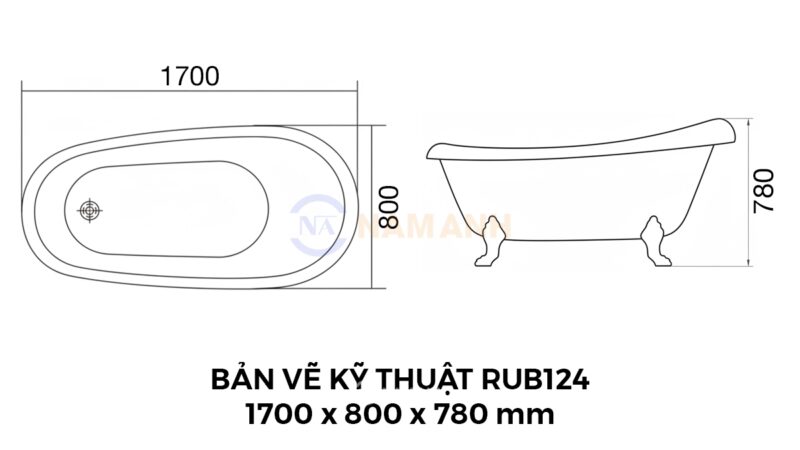 Bản Vẽ Kỹ Thuật Bồn Tắm Chân Rồng Đặt Sàn Acrylic Rudi RUB124 1700x800 mm