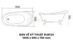Bản Vẽ Kỹ Thuật Bồn Tắm Chân Rồng Đặt Sàn Acrylic Rudi RUB124 1800x890 mm