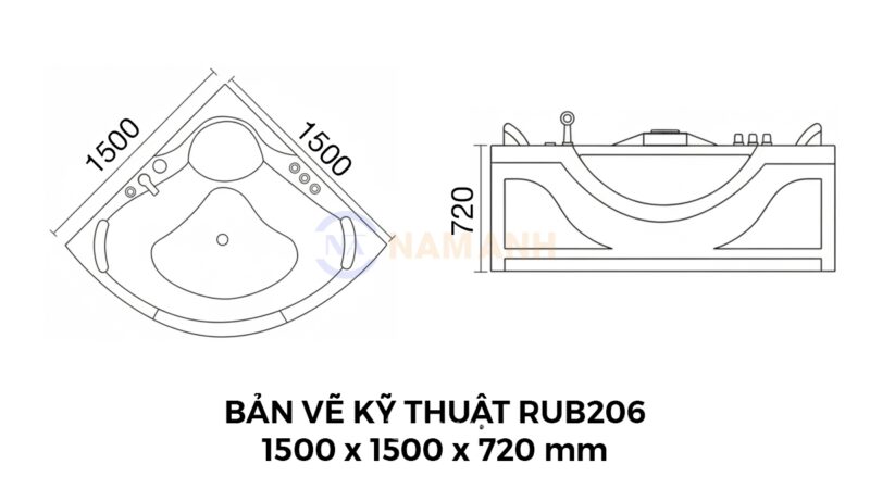 Bản Vẽ Kỹ Thuật Bồn Tắm Góc Đôi Massage Rudi RUB206 1500x1500 mm