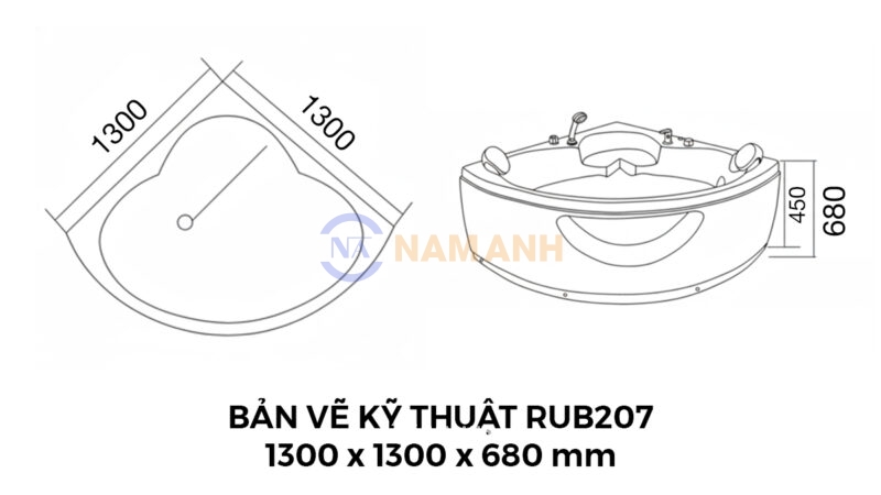 Bản Vẽ Kỹ Thuật Bồn Tắm Góc Đôi Massage Rudi RUB207 1300x1300 mm Tam Giác