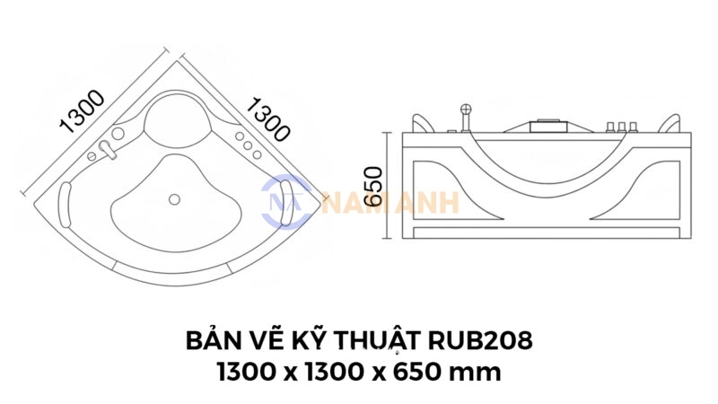 Bản Vẽ Kỹ Thuật Bồn Tắm Góc Đôi Massage Rudi RUB208 1300x1300 mm Tam Giác