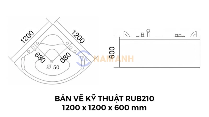 Bản Vẽ Kỹ Thuật Bồn Tắm Góc Đôi Massage Rudi RUB210 1200x1200 mm Tam Giác