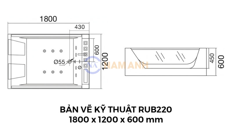 Bản Vẽ Kỹ Thuật Bồn Tắm Nằm Đôi Massage Acrylic Rudi RUB220 1800x1200 mm Chữ Nhật