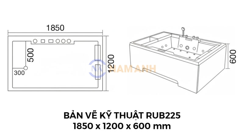 Bản Vẽ Kỹ Thuật Bồn Tắm Nằm Đôi Massage Acrylic Rudi RUB225 1850x1200 mm Chữ Nhật
