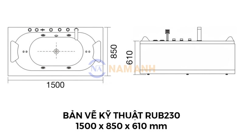 Bản Vẽ Kỹ Thuật Bồn Tắm Nằm Đôi Massage Rudi RUB230 1500x850 mm Chữ Nhật