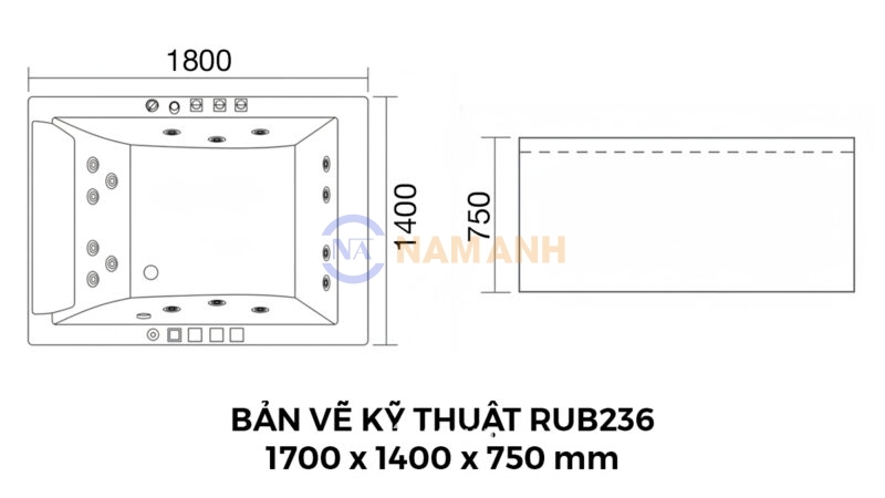 Bản Vẽ Kỹ Thuật Bồn Tắm Nằm Đôi Xây Massage Rudi RUB236 1800x1400 mm Chữ Nhật