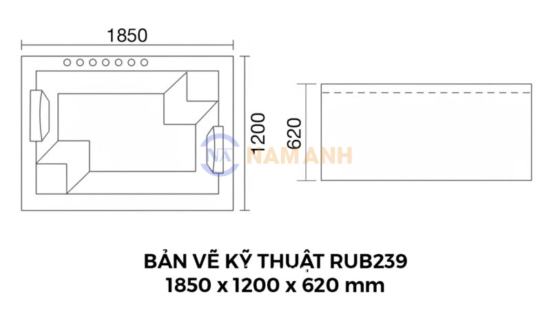 Bản Vẽ Kỹ Thuật Bồn Tắm Nằm Đôi Xây Massage Rudi RUB239 1850x1200 mm Chữ Nhật