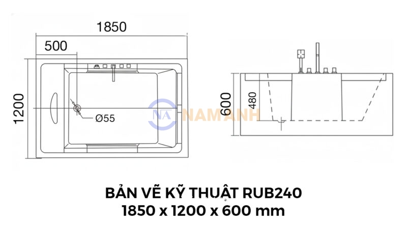 Bản Vẽ Kỹ Thuật Bồn Tắm Nằm Đôi Xây Massage Rudi RUB240 1850x1200 mm Chữ Nhật