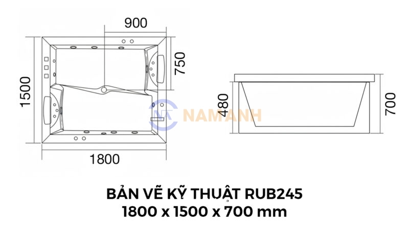 Bản Vẽ Kỹ Thuật Bồn Tắm Nằm Đôi Xây Massage Rudi RUB245 1800x1500 mm Chữ Nhật