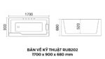 Bản Vẽ Kỹ Thuật Bồn Tắm Nằm Massage Acrylic Rudi RUB202 Chữ Nhật 1700x900 mm Chữ Nhật