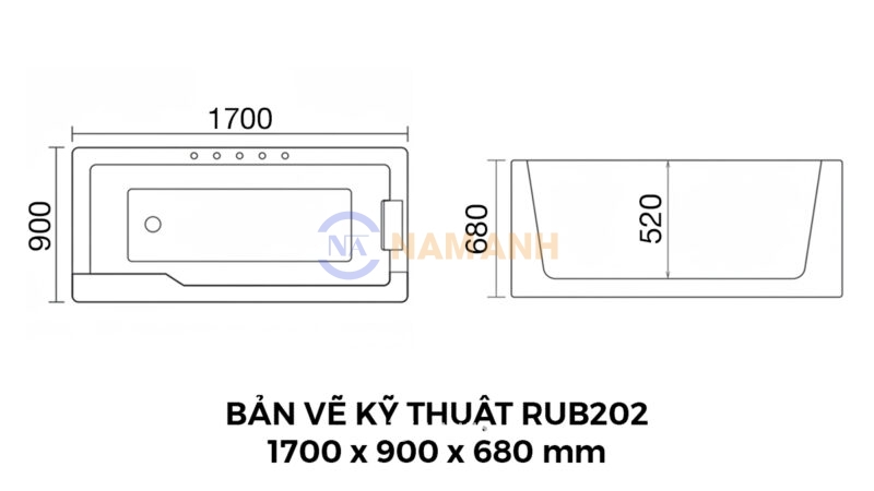 Bản Vẽ Kỹ Thuật Bồn Tắm Nằm Massage Acrylic Rudi RUB202 Chữ Nhật 1700x900 mm Chữ Nhật