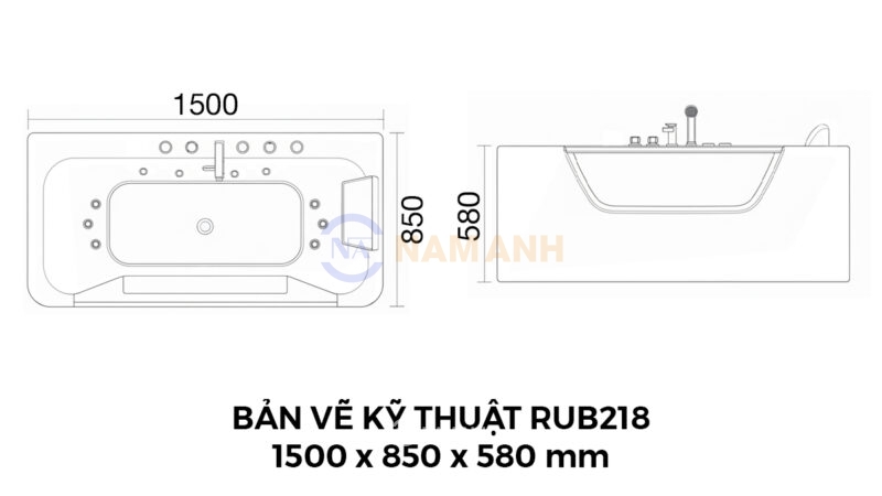 Bản vẽ kỹ thuật Bồn tắm nằm massage acrylic Rudi RUB218 1500x850x580 mm