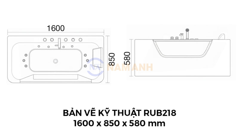 Bản vẽ kỹ thuật Bồn tắm nằm massage acrylic Rudi RUB218 1600x850x580 mm
