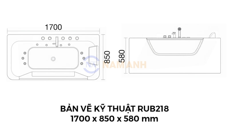 Bản vẽ kỹ thuật Bồn tắm nằm massage acrylic Rudi RUB218 1700x850x580 mm