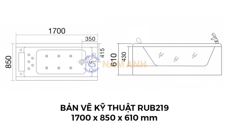 Bản Vẽ Kỹ Thuật Bồn Tắm Nằm Massage Acrylic Rudi RUB219 1700x850 mm Chữ Nhật