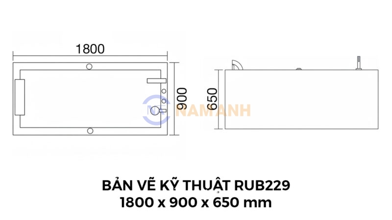 Bản Vẽ Kỹ Thuật Bồn Tắm Nằm Massage Acrylic Rudi RUB229 1800x900 mm Chữ Nhật