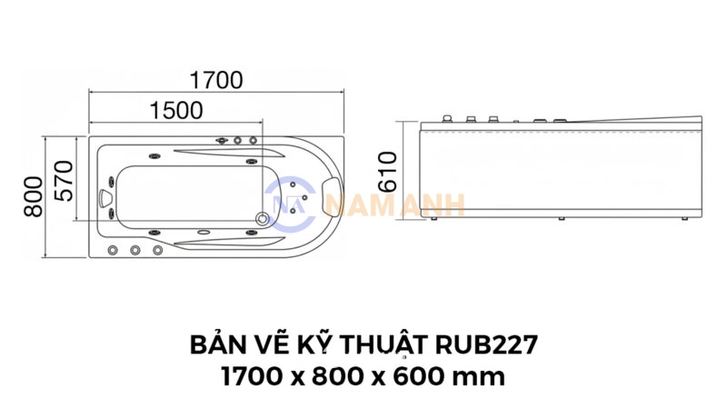 Bản Vẽ Kỹ Thuật Bồn Tắm Nằm Massage Rudi RUB227 1700x800 mm Chữ Nhật