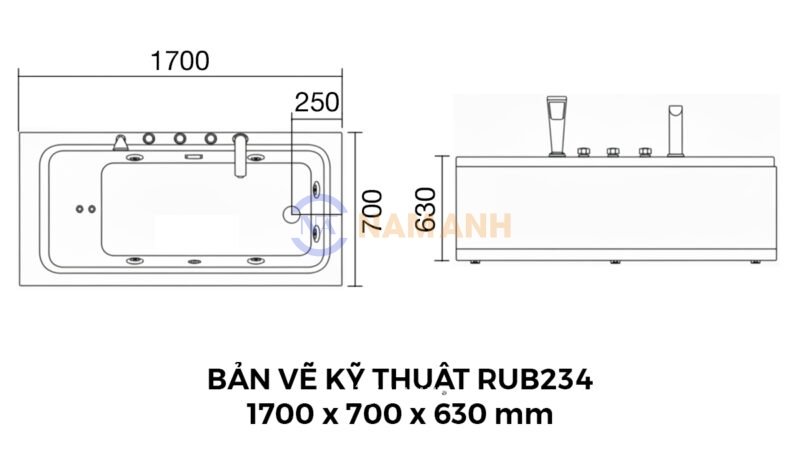 Bản Vẽ Kỹ Thuật Bồn Tắm Nằm Xây Massage Rudi RUB234 1600x700 mm