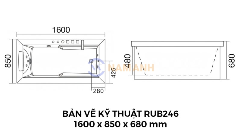 Bản Vẽ Kỹ Thuật Bồn Tắm Nằm Xây Massage Rudi RUB246 1600x850 mm Chữ Nhật