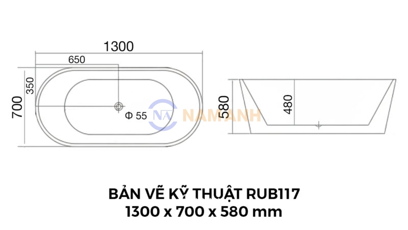 Bản Vẽ Kỹ Thuật Bồn Tắm Oval Đặt Sàn Acrylic Rudi RUB117 1300x700 mm