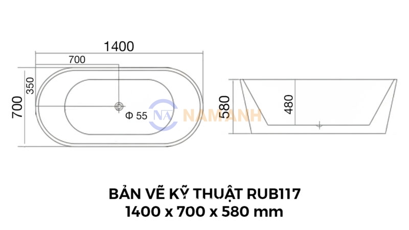 Bản Vẽ Kỹ Thuật Bồn Tắm Oval Đặt Sàn Acrylic Rudi RUB117 1400x700 mm