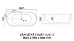 Bản Vẽ Kỹ Thuật Bồn Tắm Oval Đặt Sàn Acrylic Rudi RUB117 1600x750 mm
