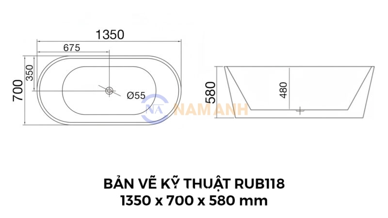 Bản Vẽ Kỹ Thuật Bồn Tắm Oval Đặt Sàn Acrylic Rudi RUB118 1350x700 mm
