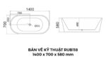 Bản Vẽ Kỹ Thuật Bồn Tắm Oval Đặt Sàn Acrylic Rudi RUB118 1400x700 mm
