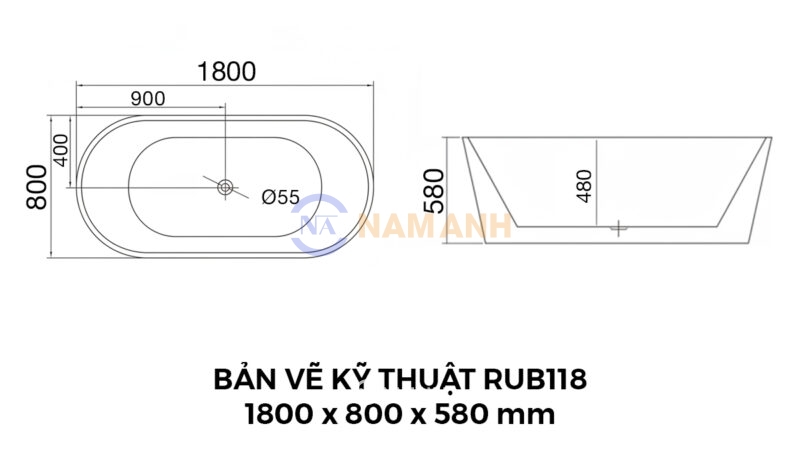 Bản Vẽ Kỹ Thuật Bồn Tắm Oval Đặt Sàn Acrylic Rudi RUB118 1800x800 mm