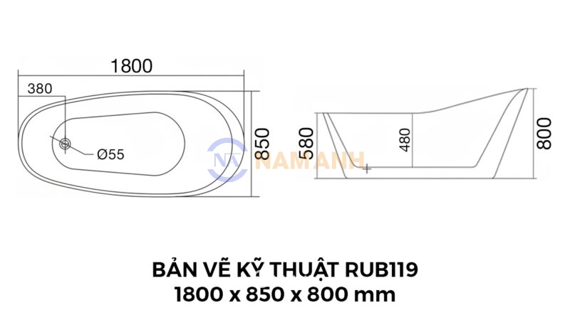 Bản Vẽ Kỹ Thuật Bồn Tắm Oval Đặt Sàn Acrylic Rudi RUB119 1800x850x800 mm