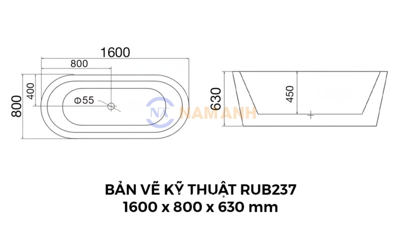 Bản Vẽ Kỹ Thuật Bồn Tắm Oval Xây Massage Rudi RUB237 1600x800 mm