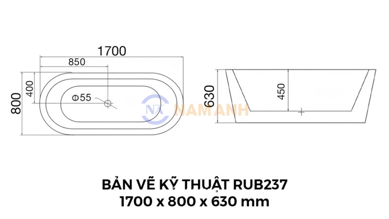 Bản Vẽ Kỹ Thuật Bồn Tắm Oval Xây Massage Rudi RUB237 1700x800 mm