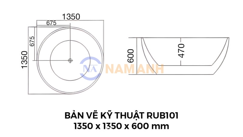 Bản vẽ kỹ thuật Bồn Tắm Tròn Đặt Sàn Acrylic Rudi RUB101 1300x1300x600 mm