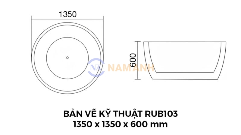 Bản Vẽ Kỹ Thuật Bồn Tắm Tròn Đặt Sàn Acrylic Rudi RUB103 1350x1350 mm