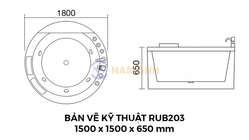 Bản Vẽ Kỹ Thuât Bồn Tắm Tròn Đôi Massage Acrylic Rudi RUB203 1500x1500 mm