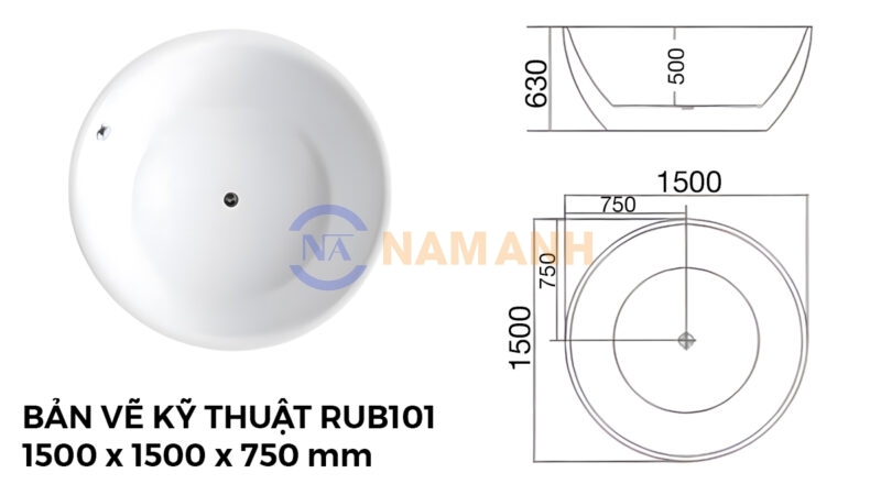 Bồn Tắm Tròn Đặt Sàn Acrylic Rudi RUB101 - Bản vẽ kỹ thuật